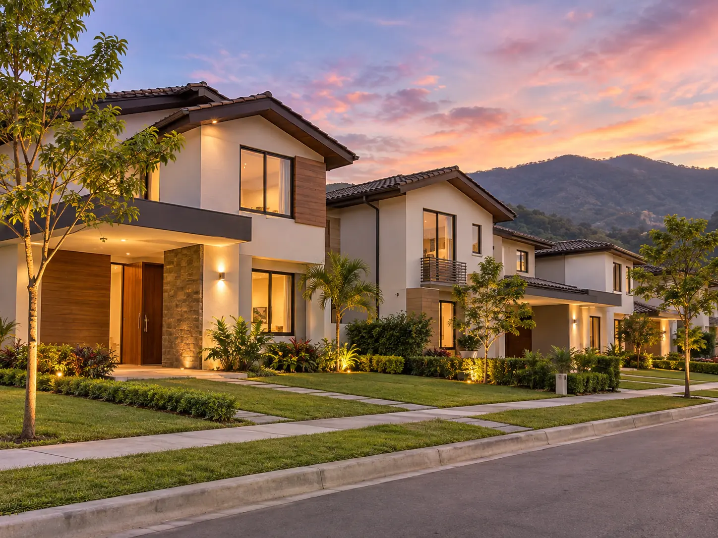 Propiedades residenciales al atardecer