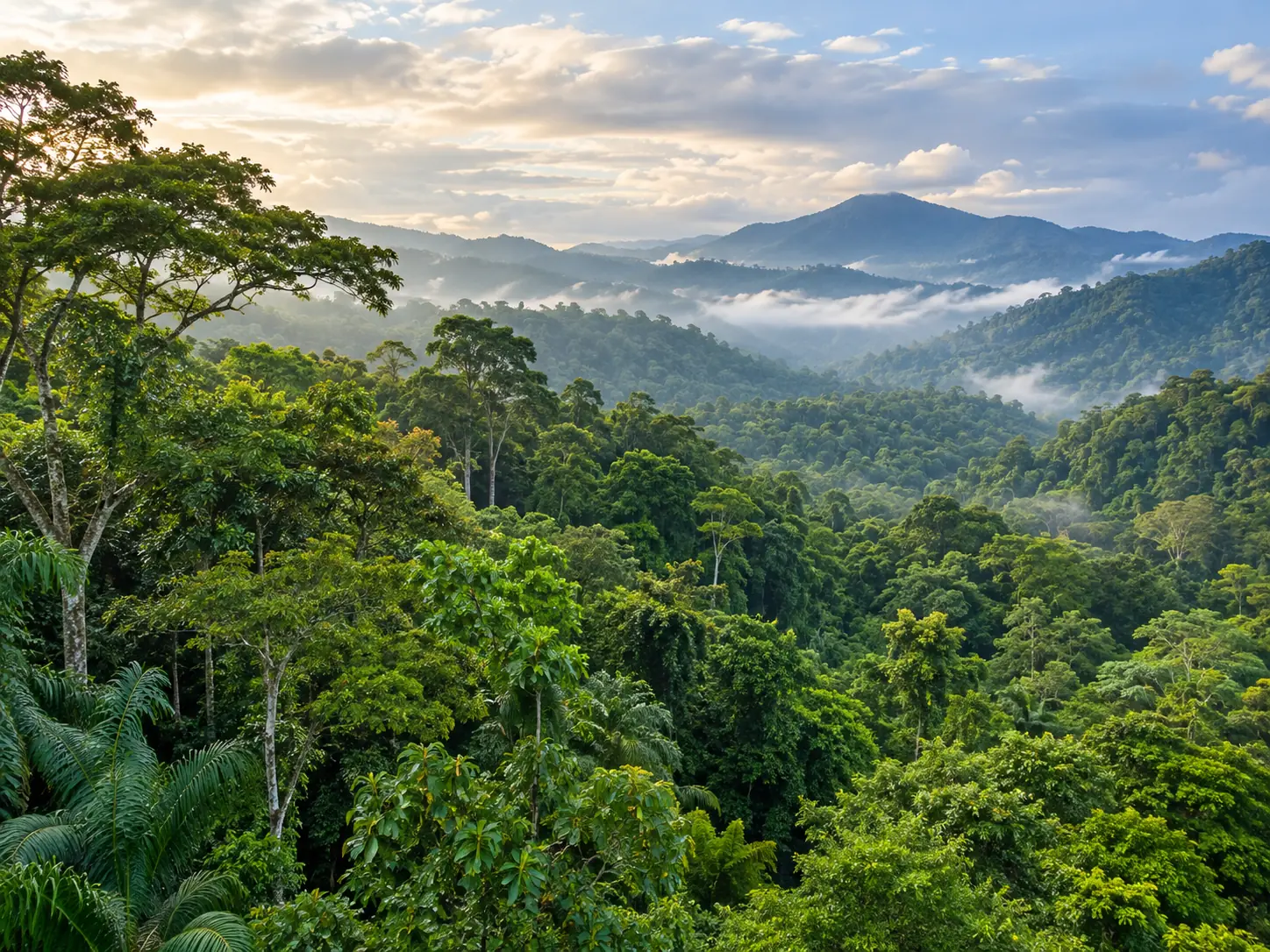 Bosque verde y montañas